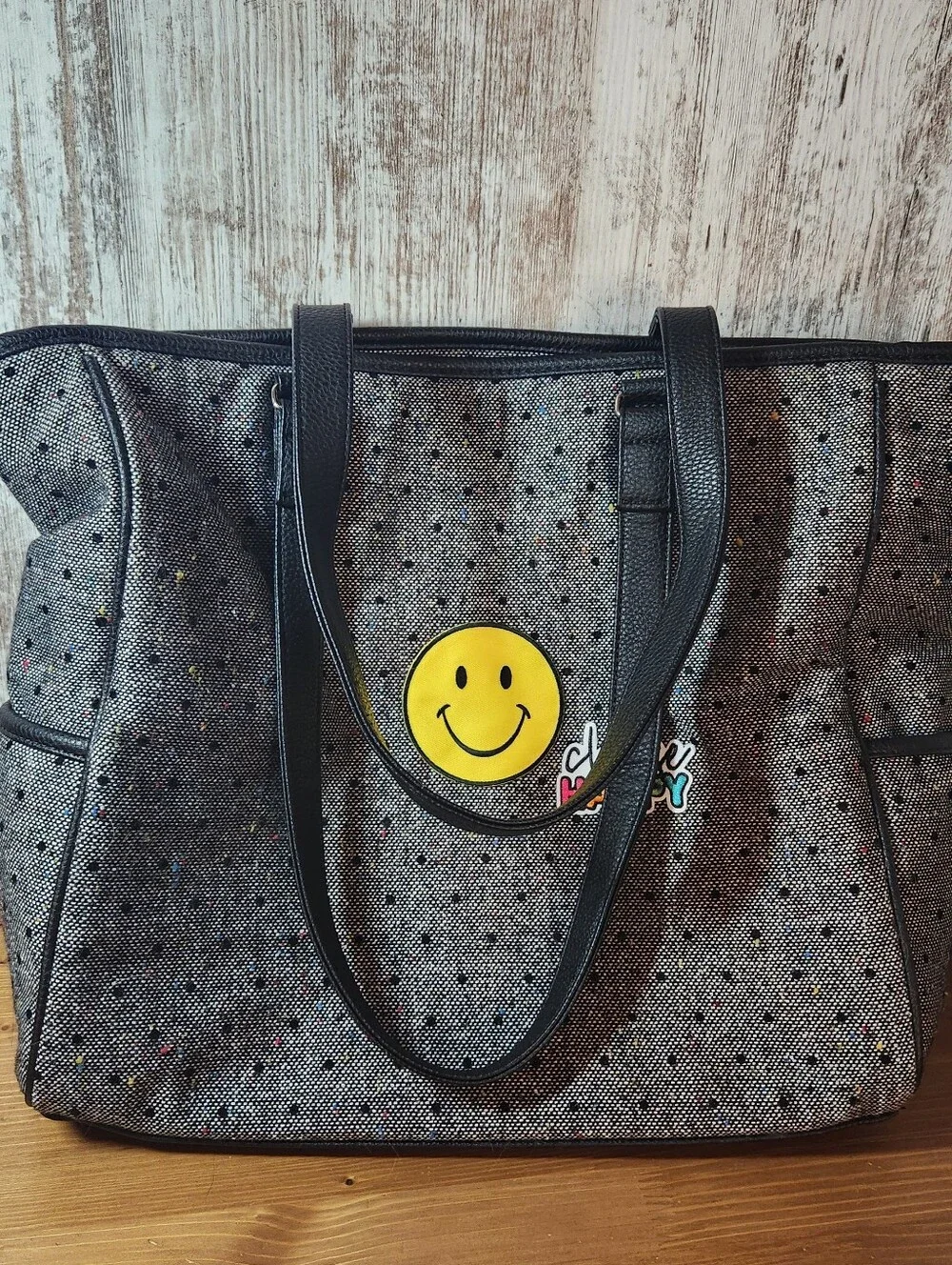 thirty-one Grey Cindy Tote Black Straps Multiple Color Accents Smiley Face Happy